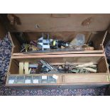 VINTAGE HANDMADE TOOL CHEST CONTAINING VARIOUS TOOLS INCLUDING STANLEY PLANE, ROUTER, ETC.