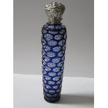 PRETTY FRENCH STYLE BLUE OVERLAID GLASS PERFUME BOTTLE WITH REPOUSSE DECORATED SILVER COLOURED TOP,