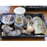 TRAY LOT INCLUDING CERAMICS, CROWN DERBY VASE ETC.