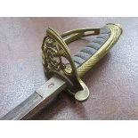 BRASS PIERCEWORK HANDLED MILITARY DRESS SWORD WITH SCABBARD,