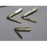 THREE HALLMARKED SILVER AND MOTHER OF PEARL FRUIT KNIVES