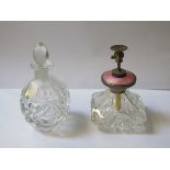 PRETTY SILVER AND INK GOUACHE ENAMELLED PERFUME SPRAY AND ANOTHER GLASS PERFUME DECANTER