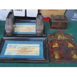 SUNDRY LOT INCLUDING 1960s/70s MEN'S LEATHER PLATFORM SHOES, WOODEN TEA CADDY,