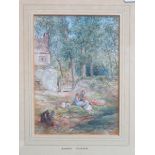 FRAMED WATERCOLOUR DEPICTING A FAMILY RESTING BY A STREAM, UNSIGNED, POSSIBLY BIRKET FOSTER,