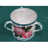 WEMYSS HANDPAINTED FLORAL DECORATED THREE HANDLED OVERSIZED TYG, APPROXIMATELY 19.