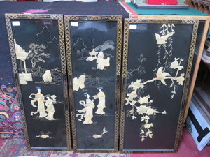 SET OF THREE ORIENTAL STYLE MOTHER OF PEARL AND GILDED BLACK LACQUERED PANEL