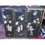 SET OF THREE ORIENTAL STYLE MOTHER OF PEARL AND GILDED BLACK LACQUERED PANEL