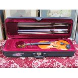 CASED VIOLIN WITH TWO BOWS,