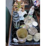 TRAY LOT INCLUDING CERAMICS, HORN BEAKER, BRASS WEIGHTS ETC.