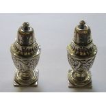 PAIR OF HALLMARKED SILVER REPOUSSE DECORATED SHAKERS,