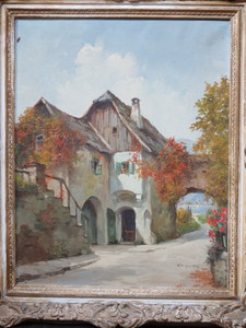 FRAMED OIL ON CANVAS DEPICTING A CONTINENTAL COTTAGE SCENE, SIGNED KARVER, APPROXIMATELY 49.