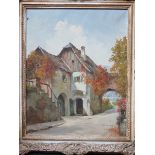 FRAMED OIL ON CANVAS DEPICTING A CONTINENTAL COTTAGE SCENE, SIGNED KARVER, APPROXIMATELY 49.