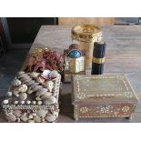 SUNDRY LOT INCLUDING STORAGE BOXES, PEPPER GRINDER, MINIATURE TOY CHEST, ASIAN DOLLS, ETC.