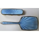 HALLMARKED SILVER AND BLUE GOUACHE ENAMELLED DRESSING MIRROR AND BRUSH, BIRMINGHAM ASSAY, DATED ,