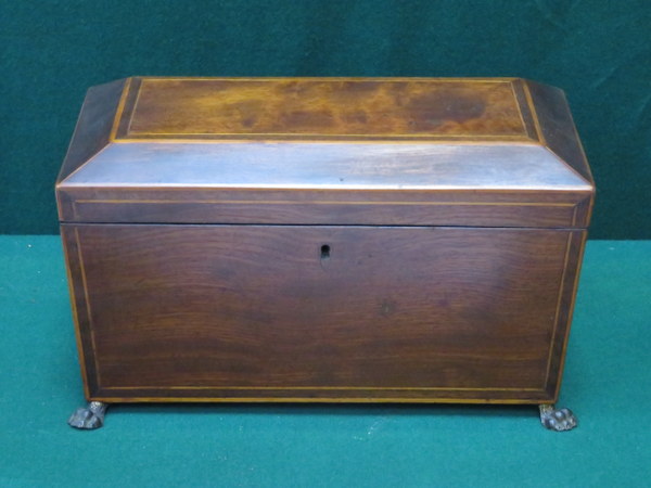 MAHOGANY INLAID SARCOPHAGUS FORM THREE SECTION TEA CADDY ON CLAW SUPPORTS