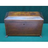 MAHOGANY INLAID SARCOPHAGUS FORM THREE SECTION TEA CADDY ON CLAW SUPPORTS