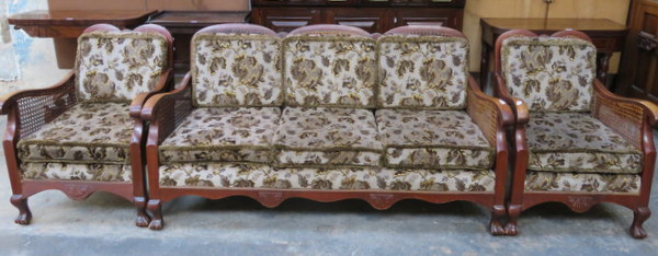 MAHOGANY FRAMED BERGERE THREE SEATER SETTEE WITH TWO ARMCHAIRS,