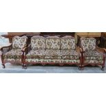 MAHOGANY FRAMED BERGERE THREE SEATER SETTEE WITH TWO ARMCHAIRS,