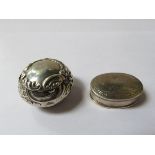 SMALL SILVER REPOUSSE DECORATED PILL BOX WITH HINGED COVER AND SMALL OVAL SILVER COLOURED PILL BOX