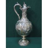 EARLY VICTORIAN HALLMARKED SILVER REPOUSSE DECORATED CLARET JUG, LONDON ASSAY, DATED 1857,