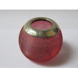 HALLMARKED SILVER TOPPED CRANBERRY COLOURED GLASS MATCH STRIKER, BIRMINGHAM ASSAY, DATED 1908,