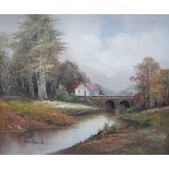 FRAMED OIL ON CANVAS DEPICTING A RIVER SCENE WITH BRIDGE AND COTTAGE,