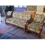 MAHOGANY FRAMED BERGERE THREE SEATER SETTEE WITH TWO ARMCHAIRS,