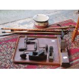 WOODEN TRAY, VARIOUS WALKING STICKS, WOODWORKING TOOLS,