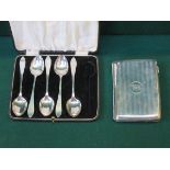 HALLMARKED SILVER CIGARETTE CASE AND FIVE SILVER TEASPOONS