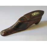 DECORATIVE  ANTIQUE TREEN SHOE FORM SNUFF BOX WITH BONE MOUNTED COVER (HINGE AT FAULT),