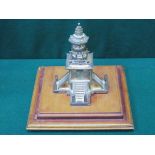 UNHALLMARKED SILVER COLOURED MODEL PAGODA ON WOODEN STAND,