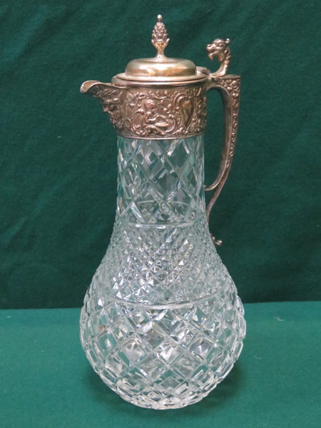 DECORATIVE SILVER PLATED AND GLASS CLARET JUG WITH HINGED COVER,