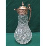 DECORATIVE SILVER PLATED AND GLASS CLARET JUG WITH HINGED COVER,