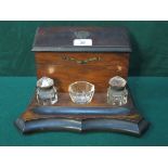 ANTIQUE WALNUT DESK STAND WITH GLASS INKWELLS AND HINGED TOP