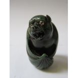 GOOD QUALITY CARVED JADE NEPHRITE FIGURE OF A BAT WITH INSET CARTOUCHE- 'CF' ST.