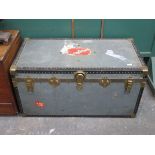 VINTAGE TRAVEL TRUNK WITH BLUE STAR LINE PAPER LABELS