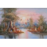 FRAMED OIL ON CANVAS DEPICTING A RIVER SCENE WITH MALLARDS IN FLIGHT,