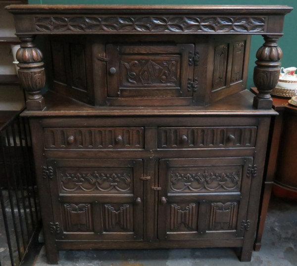 CARVED FRONTED OAK PRIORY STYLE COURT CUPBOARD