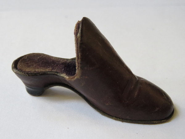 MINIATURE LEATHER ANTIQUE SHOE WITH PURPLE FELT INTERIOR