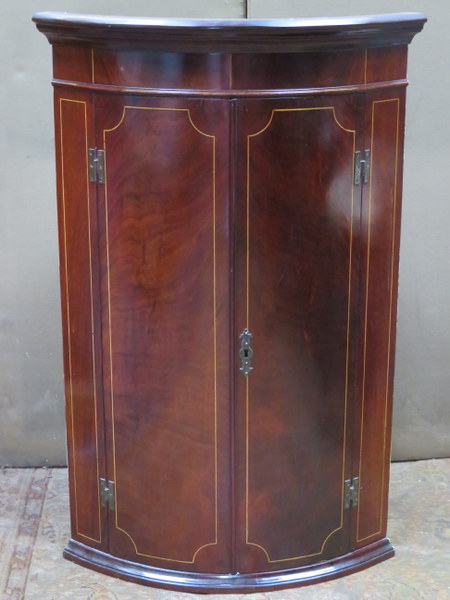 MAHOGANY INLAID BOW FRONTED CORNER CUPBOARD