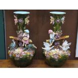 PAIR OF VICTORIAN CONTINENTAL STYLE CERAMIC VASES, RELIEF DECORATED WITH SEATED FIGURES, BIRDS,