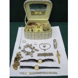 JEWELLERY CASKET CONTAINING VARIOUS COSTUME JEWELLERY INCLUDING SILVER CHARM BRACELET, SILVER RINGS,