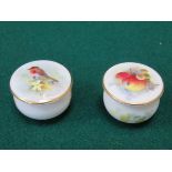 PAIR OF PRETTY MINIATURE ROYAL WORCESTER HANDPAINTED AND GILDED CERAMIC POTS AND COVERS,