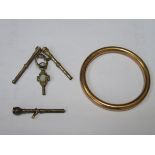 VICTORIAN GOLD COLOURED WATCH KEYS AND ROLLED GOLD BANGLE