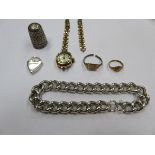 MIXED LOT INCLUDING GOLD WRIST WATCH, SILVER BRACELET, SILVER THIMBLE, MINIATURE GOLD RING, ETC.