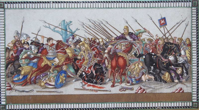 A glazed pottery mosaic style tile Italian, late 19th century, depicting Alexander the Great