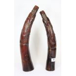 A pair of Chinese carved horns H42 and 39cms