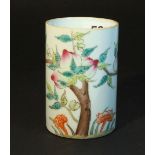 A Chinese hand enamelled porcelain brush pot H11.5cms
