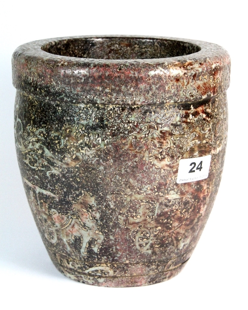 A large Chinese carved mixed colour jade / hardstone brush pot H 21cm Dia 20cm - Image 3 of 4