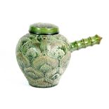 An interesting Chinese incised and green glazed side handle pottery teapot H 15cm